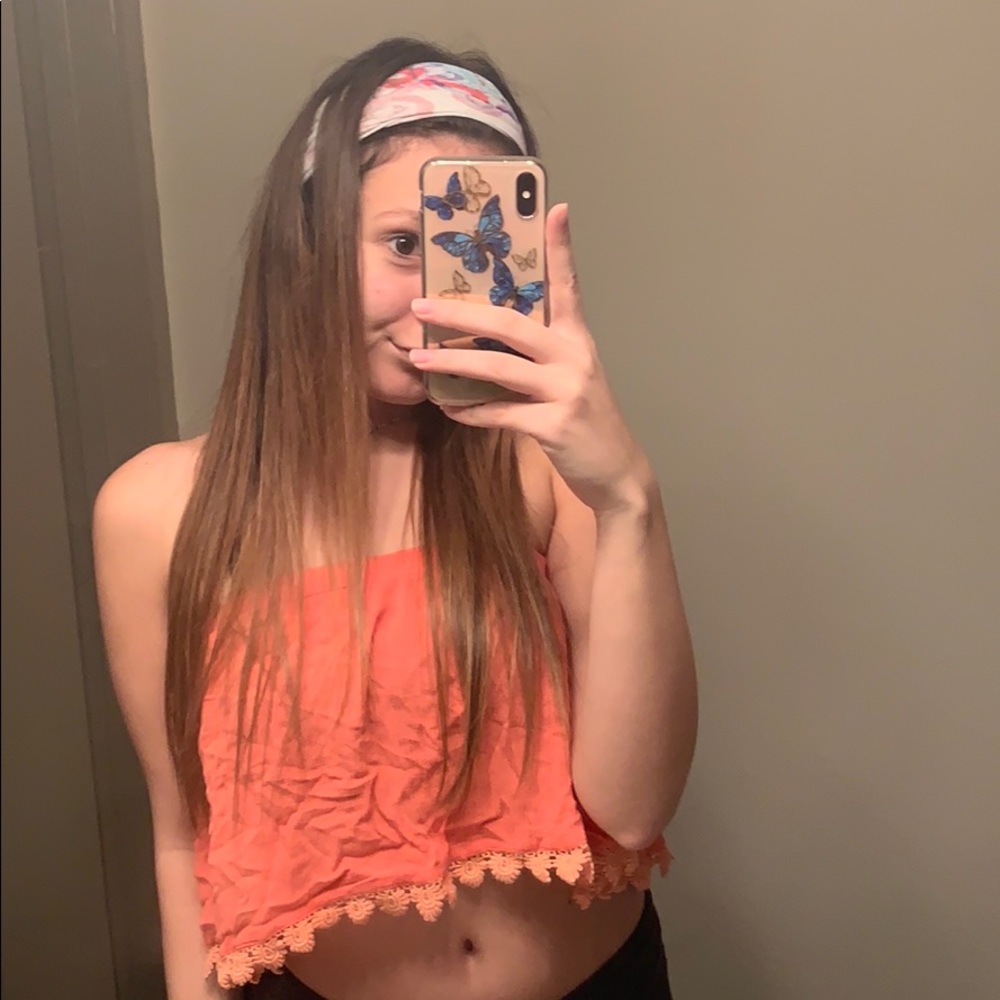 coral tube top with lace detailing